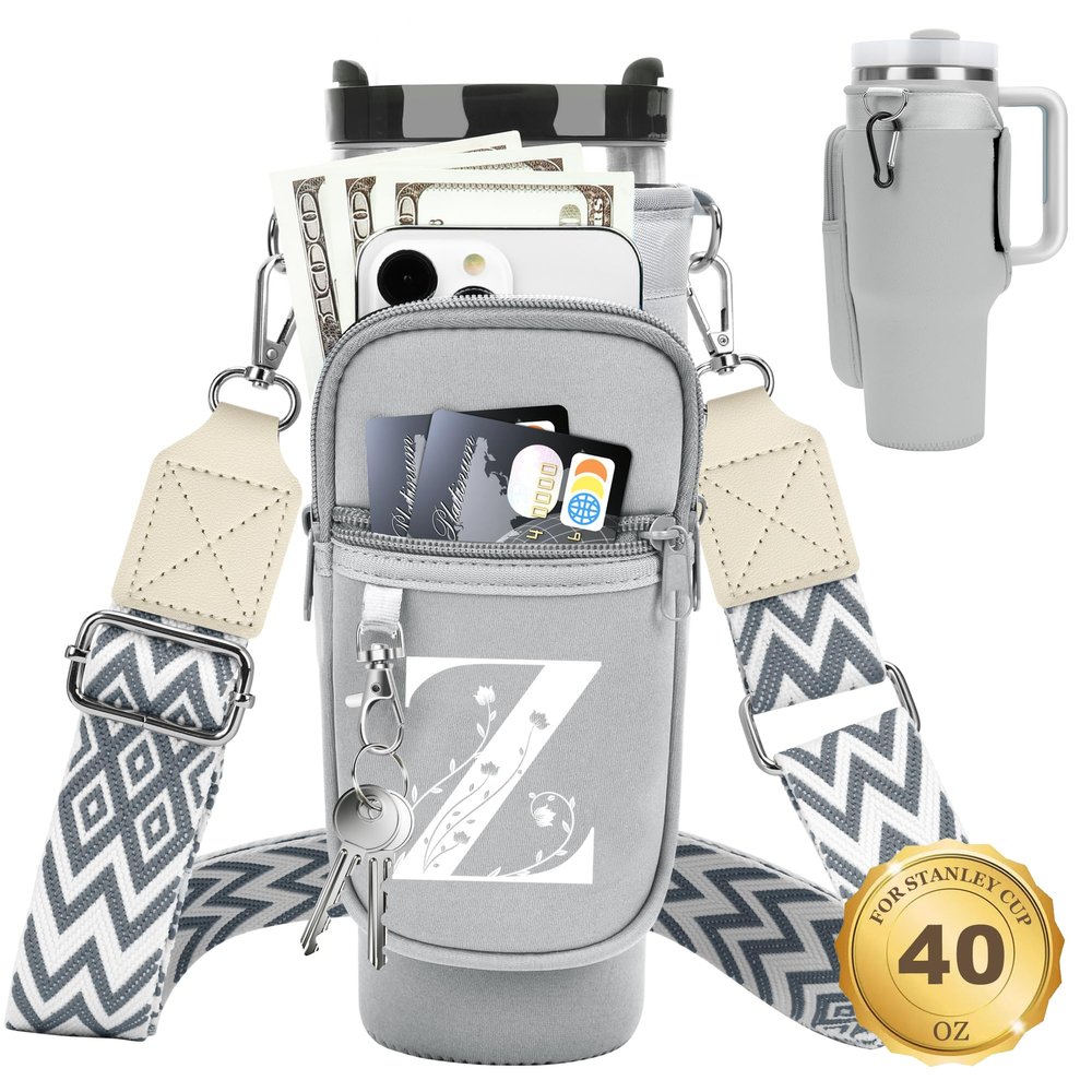 LOKASS Initial Water Bottle Holder with Strap for Stanley Cup 42oz Tumbler with Handle,Insulated Water Bottle Carrier Bag with Phone Pocket, Floral & Carabiner for Stanley Cup Accessories (Grey Z)