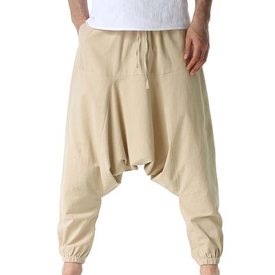 JEsilunmaMY Men's Drawstring Hippie Harem Pants Elastic Waist Loose Drop Crotch Trousers Lightweight Casual Hippie Pants (Khaki,X-Large)