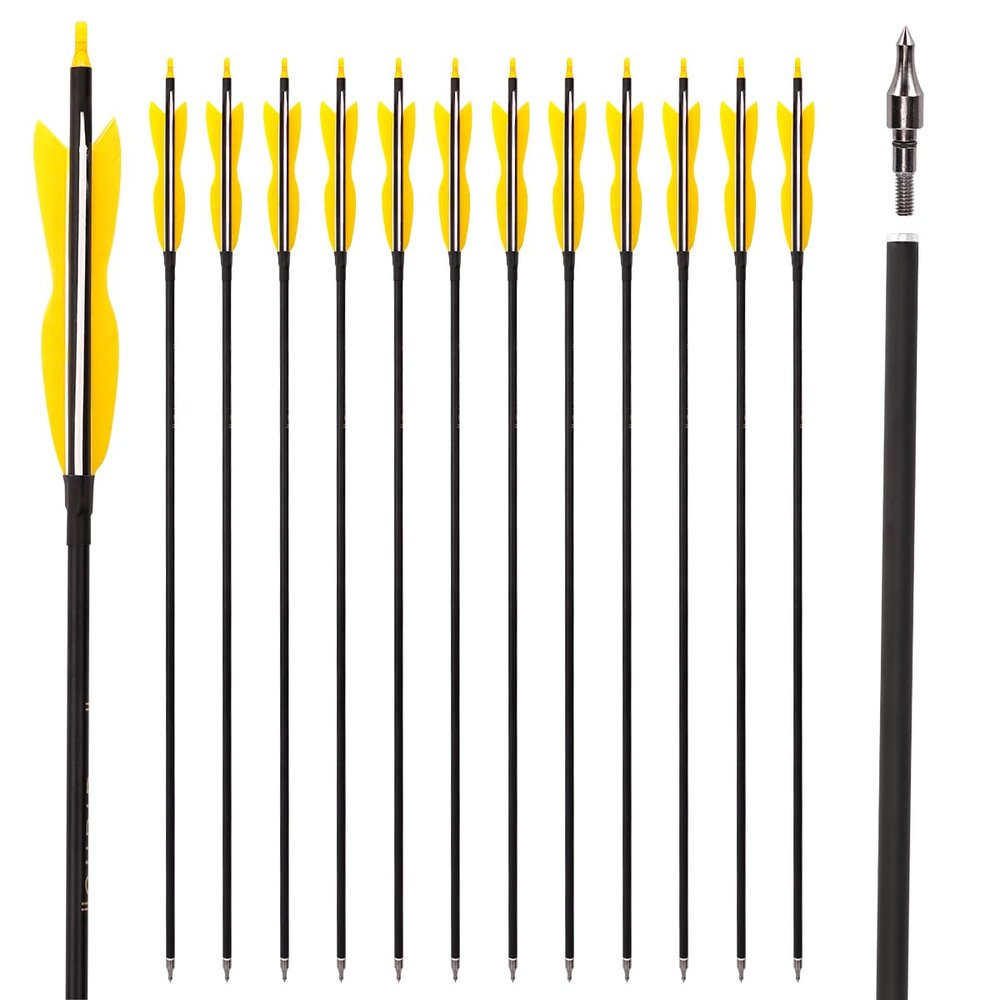 31" Carbon Hunting Arrows Archery Target Practice Arrows with 5" Turkey Feathers Spine 500 for Recurve Bow and Compound Bow(Pack of 12) (7.8MM Yellow)