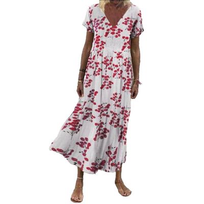 Akivide Women Short Sleeve Floral Print Flowy Maxi Dress Summer Casual Boho V Neck Beach Vacation Loose Long Tshirt Dress Plus Size