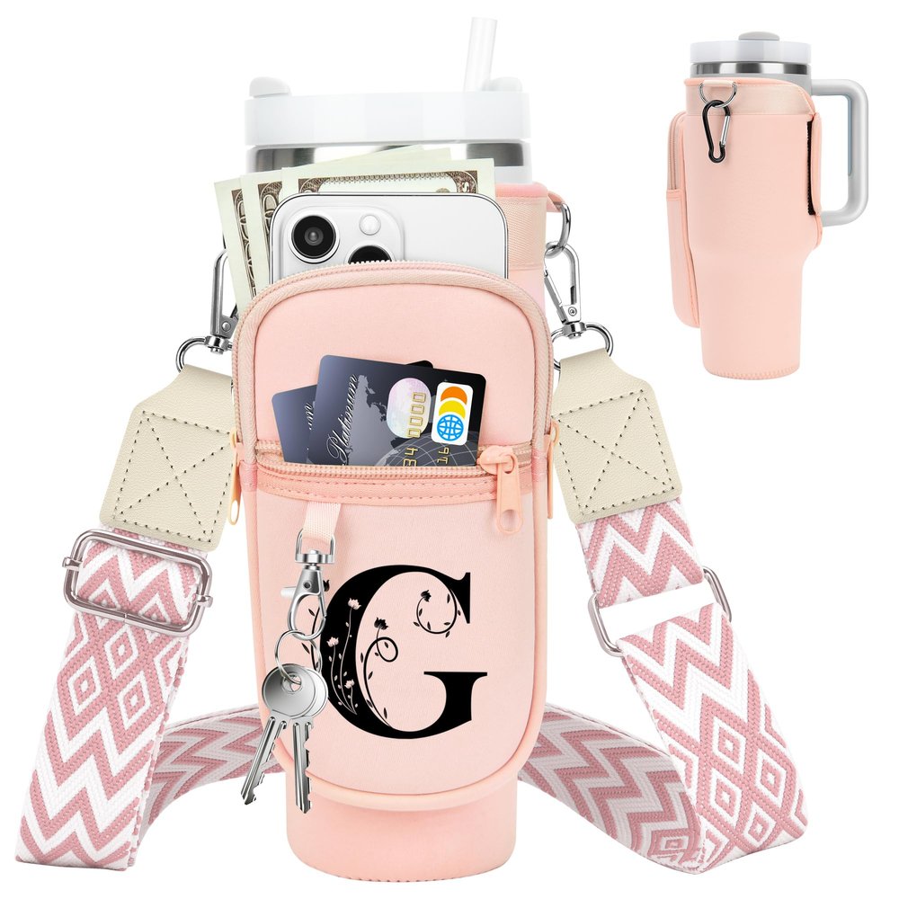 LOKASS for Stanley Cup Accessories 40 oz Water Bottle Carrier Bag with Phone Pocket for Stanley Tumbler Holder with Strap, Personalized Gifts with Floral Initial A-Z for Women/Girls/Stanley Cup Fans