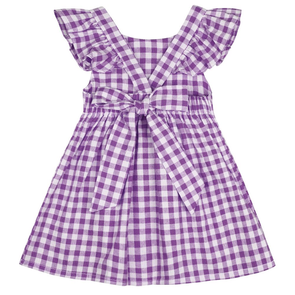 AGQT Baby Girls Plaid Dress Gingham Fly Sleeve Backless Summer Dresses Spring Smocked Birthday Easter Dresses Purple White Lattice Size 6-12 Months