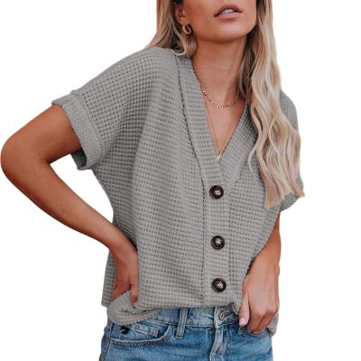 FQFGGYD Dressy Tops for Women Summer Casual V-Neck Short Sleeve Shirts Basic T-Shirts Solid Color Knit Cardigan with Buttons Gray