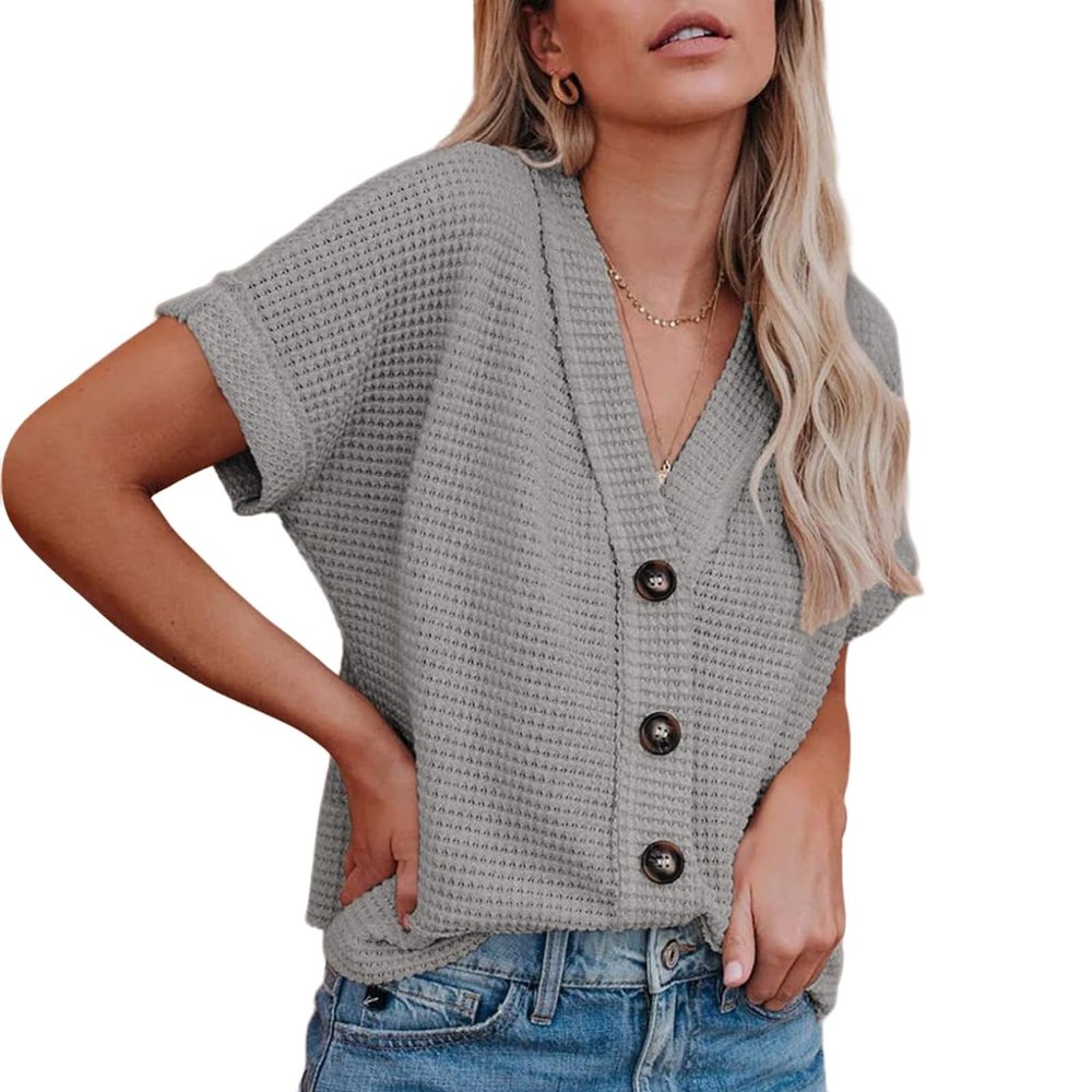 FQFGGYD Dressy Tops for Women Summer Casual V-Neck Short Sleeve Shirts Basic T-Shirts Solid Color Knit Cardigan with Buttons Gray