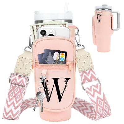 LOKASS Initial Water Bottle Holder with Strap for Stanley Cup 40oz Tumbler with Handle,Insulated Water Bottle Carrier Bag with Phone Pocket, Floral & Carabiner for Stanley Cup Accessories (Pink W)