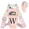 LOKASS Initial Water Bottle Holder with Strap for Stanley Cup 40oz Tumbler with Handle,Insulated Water Bottle Carrier Bag with Phone Pocket, Floral & Carabiner for Stanley Cup Accessories (Pink W) view 1