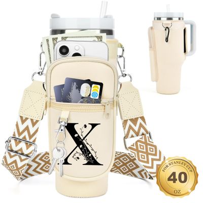 LOKASS Initial Water Bottle Holder with Strap for Stanley Cup 40oz Tumbler with Handle,Insulated Water Bottle Carrier Bag with Phone Pocket, Floral & Carabiner for Stanley Cup Accessories (Cream X)