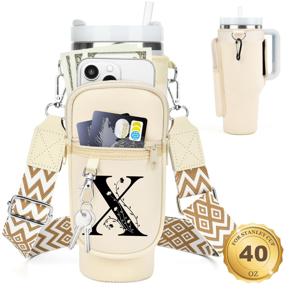 LOKASS Initial Water Bottle Holder with Strap for Stanley Cup 40oz Tumbler with Handle,Insulated Water Bottle Carrier Bag with Phone Pocket, Floral & Carabiner for Stanley Cup Accessories (Cream X)