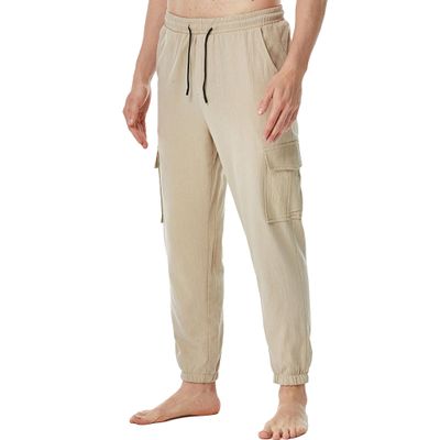 JEsilunmaMY Men's Multi Pockets Drawstring Yoga Pants Cotton Linen Elastic Waist Jogger Pants Loose Casual Workout Pants (Khaki,Small)