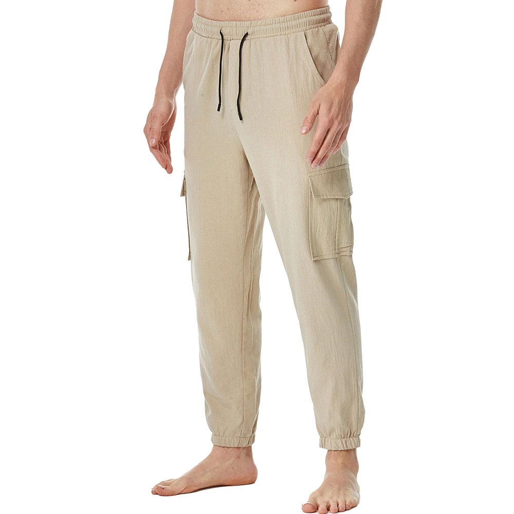JEsilunmaMY Men's Multi Pockets Drawstring Yoga Pants Cotton Linen Elastic Waist Jogger Pants Loose Casual Workout Pants (Khaki,Small)