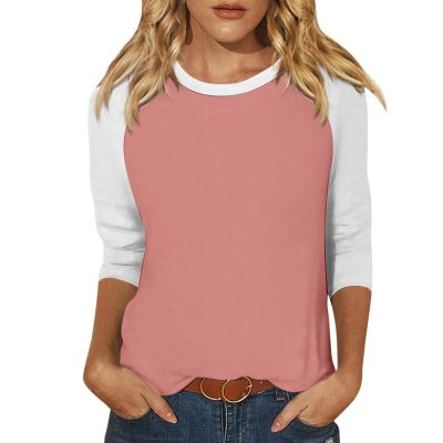 3/4 Length Sleeve Womens Tops Casual Cropped Shoulder Sleeves Patchwork Striped Print Round Neck Blouse Loose Blouses