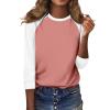 3/4 Length Sleeve Womens Tops Casual Cropped Shoulder Sleeves Patchwork Striped Print Round Neck Blouse Loose Blouses view 3