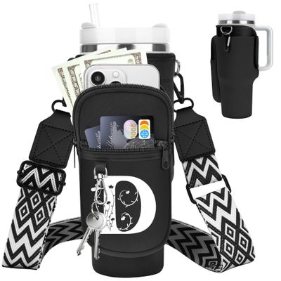 LOKASS for Stanley Cup Accessories 40 oz Water Bottle Carrier Bag with Phone Pocket for Stanley Tumbler Holder with Strap, Personalized Gifts with Floral Initial A-Z for Women/Girls/Stanley Cup Fans
