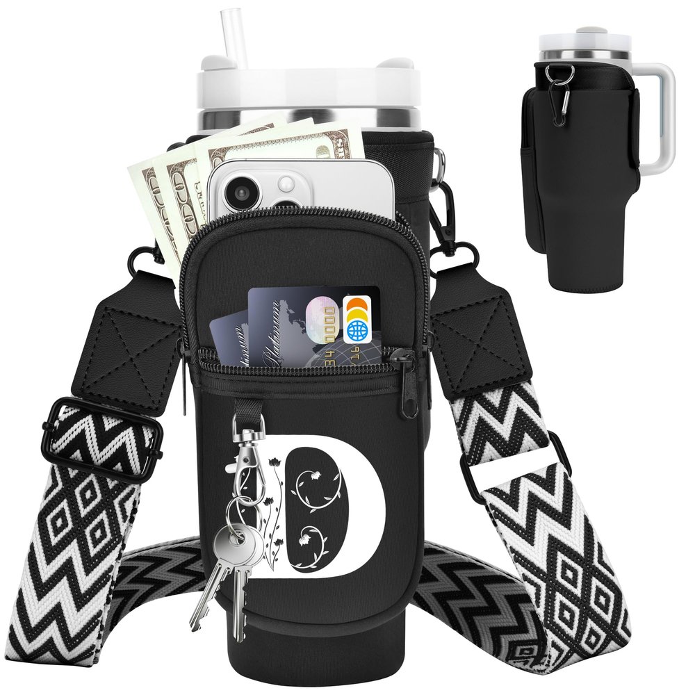 LOKASS for Stanley Cup Accessories 40 oz Water Bottle Carrier Bag with Phone Pocket for Stanley Tumbler Holder with Strap, Personalized Gifts with Floral Initial A-Z for Women/Girls/Stanley Cup Fans