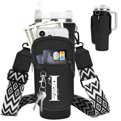 LOKASS for Stanley Cup Accessories 40 oz Water Bottle Carrier Bag with Phone Pocket for Stanley Tumbler Holder with Strap, Personalized Gifts with Floral Initial A-Z for Women/Girls/Stanley Cup Fans