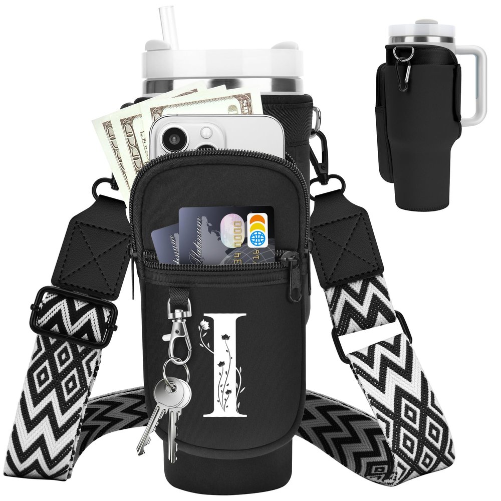 LOKASS for Stanley Cup Accessories 40 oz Water Bottle Carrier Bag with Phone Pocket for Stanley Tumbler Holder with Strap, Personalized Gifts with Floral Initial A-Z for Women/Girls/Stanley Cup Fans