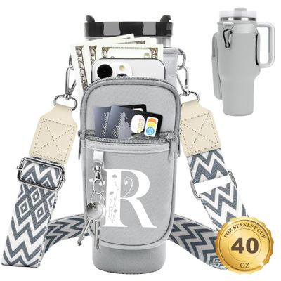 LOKASS for Stanley Cup Accessories 40 oz Water Bottle Carrier Bag with Phone Pocket for Stanley Tumbler Holder with Strap, Personalized Gifts with Floral Initial A-Z for Women/Girls/Stanley Cup Fans