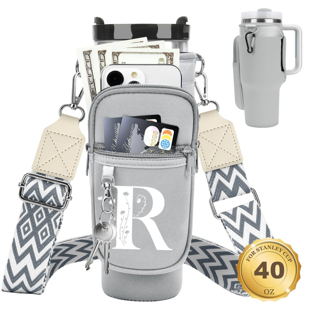 LOKASS for Stanley Cup Accessories 40 oz Water Bottle Carrier Bag with Phone Pocket for Stanley Tumbler Holder with Strap, Personalized Gifts with Floral Initial A-Z for Women/Girls/Stanley Cup Fans
