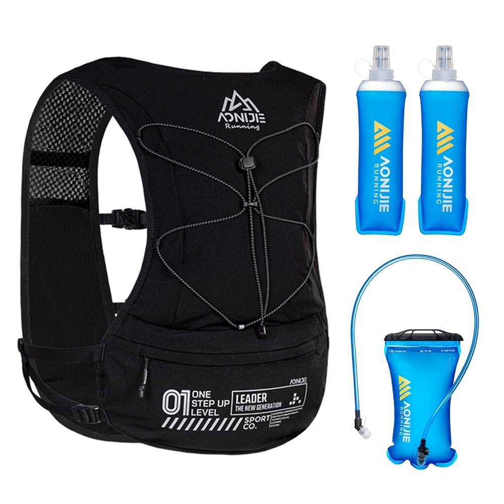 ICE FLAME Hydration Backpack Vest, 5L Multifunctional Outdoor Running Backpack fit 6.8 Inches Phone for Marathon Training, Hiking, Trail and Walking (Black 1.5L Bladder & 2*500ml Flask)