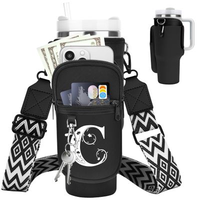 LOKASS for Stanley Cup Accessories 40 oz Water Bottle Carrier Bag with Phone Pocket for Stanley Tumbler Holder with Strap, Personalized Gifts with Floral Initial A-Z for Women/Girls/Stanley Cup Fans