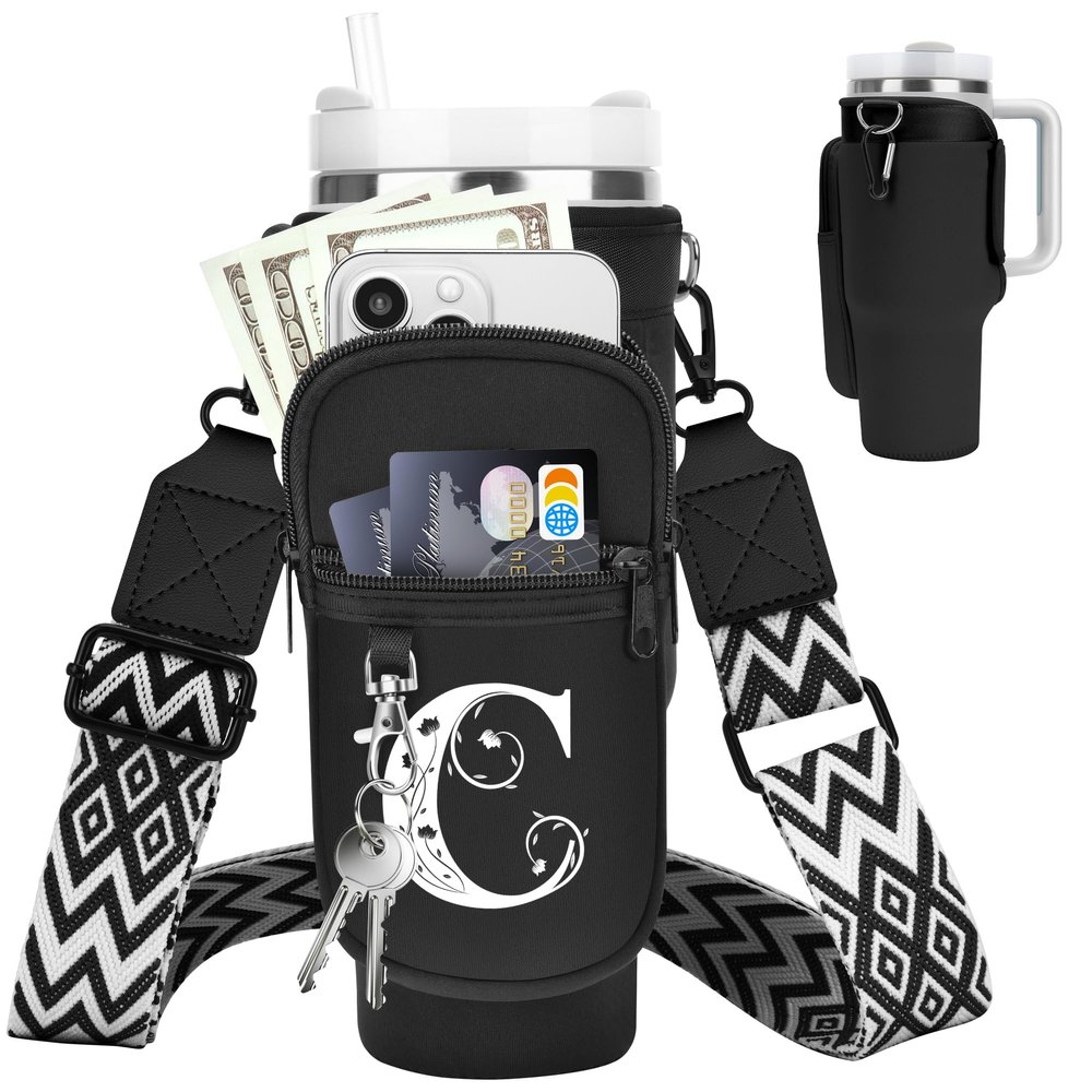 LOKASS for Stanley Cup Accessories 40 oz Water Bottle Carrier Bag with Phone Pocket for Stanley Tumbler Holder with Strap, Personalized Gifts with Floral Initial A-Z for Women/Girls/Stanley Cup Fans