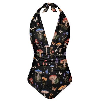 XXQGOMG Mushroom One Piece Bathing Suit for Women V Neck Backless Swimsuit Casual Slimming Swimsuits for Women Plus Size Trendy Swimwear for Beach Swimming Honeymoon Size XL