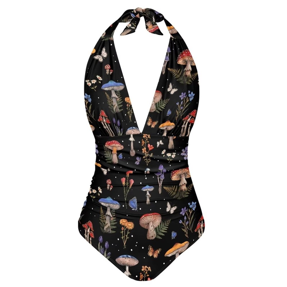 XXQGOMG Mushroom One Piece Bathing Suit for Women V Neck Backless Swimsuit Casual Slimming Swimsuits for Women Plus Size Trendy Swimwear for Beach Swimming Honeymoon Size XL