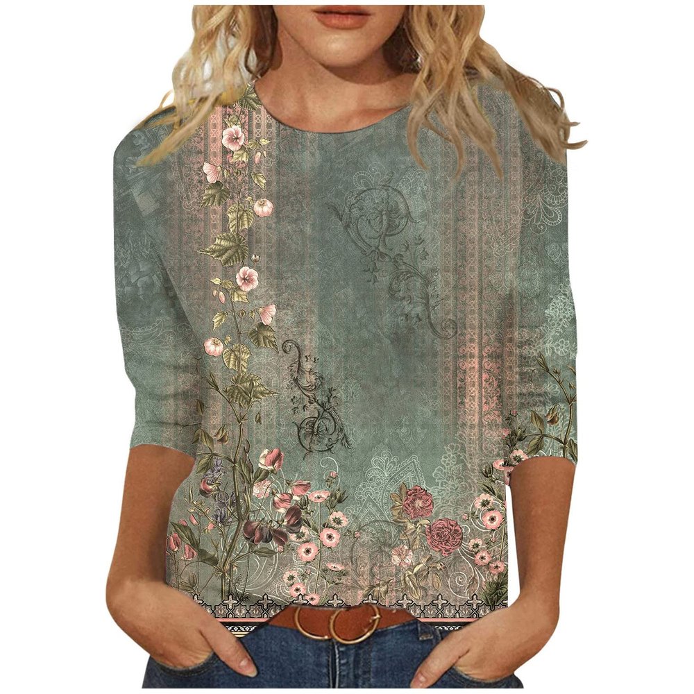 2025 3/4 Length Sleeve Womens Tops 3/4 Length Sleeve Womens Tops 2025 Floral Print Vintage Fashion Casual Loose with Round Neck Plus Size Shirts Wine XX-Large