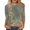 2025 3/4 Length Sleeve Womens Tops 3/4 Length Sleeve Womens Tops 2025 Floral Print Vintage Fashion Casual Loose with Round Neck Plus Size Shirts Wine XX-Large view 2