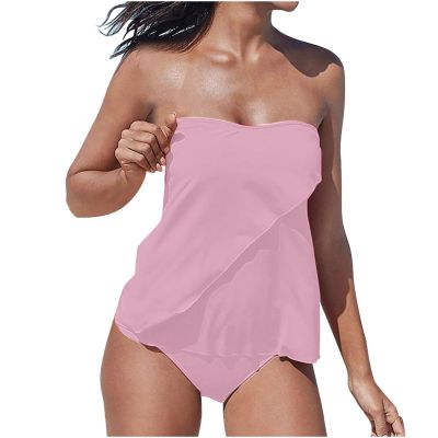 Akklian Women Two Piece Tankini Bathing Suit Bandeau Swim Top with Bottom Strapless Swimwear Tummy Control Swimsuit for Women Pink