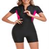 Eandarui Womens Padded Rash Guard One Piece Swimsuit Boyleg Sports Swimwear Sun Protection Surf Bathing Suit B#Black&Hotpink02 Large view 4