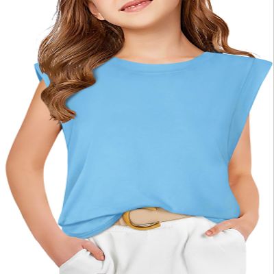 Haloumoning Girls Cap Sleeve Tops Summer Crewneck Tank Tops Cute T-Shirt Blouse 5-14 Years Blue