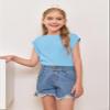 Haloumoning Girls Cap Sleeve Tops Summer Crewneck Tank Tops Cute T-Shirt Blouse 5-14 Years Blue view 3