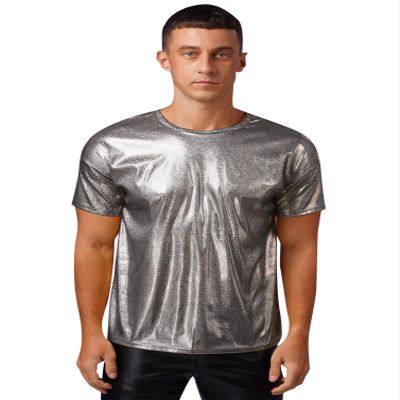 Moily Men's Shiny Rave Tanks Short Sleeve Bodycon 70s Disco Dance Shirts Music Festival Outfits Black Small