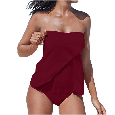 Akklian Women Two Piece Tankini Bathing Suit Bandeau Swim Top with Bottom Strapless Swimwear Tummy Control Swimsuit for Women Wine