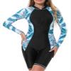 Moggemol Women's Boyleg One Piece Rash Guard Swimsuit UPF 50+ Long Sleeve Zipper Surfing Athletic Swimwear B#Black&Cyan03 X-Large view 1
