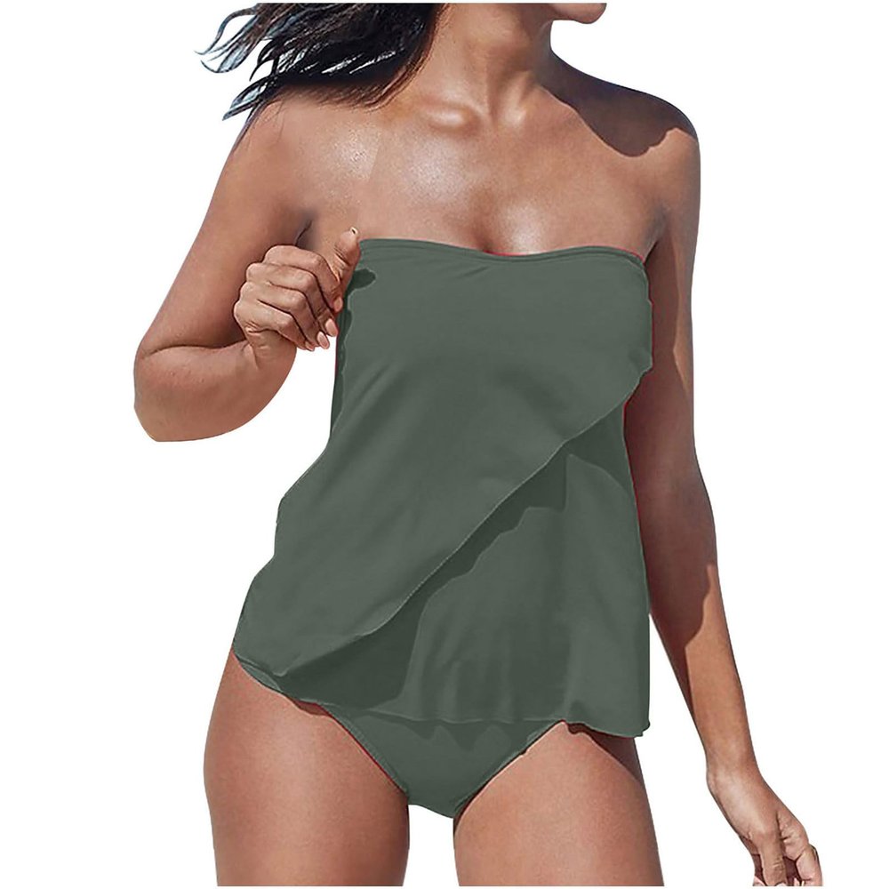 Akklian Women Two Piece Tankini Bathing Suit Bandeau Swim Top with Bottom Strapless Swimwear Tummy Control Swimsuit for Women Army Green