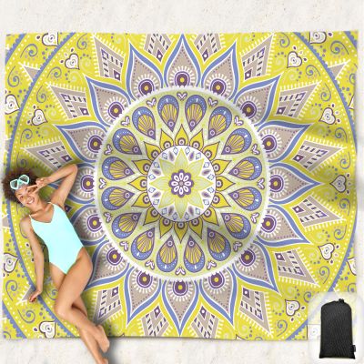 Hiwoss Beach Blanket Waterproof Sandproof Oversized 95x 80,Sand Free Beach Mat with Corner Pockets,Portable Mesh Bag for Beach Festival,Picnic,Travel and Outdoor Camping (Yellowtan)