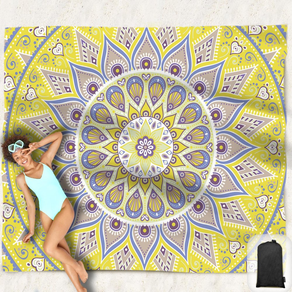 Hiwoss Beach Blanket Waterproof Sandproof Oversized 95x 80,Sand Free Beach Mat with Corner Pockets,Portable Mesh Bag for Beach Festival,Picnic,Travel and Outdoor Camping (Yellowtan)