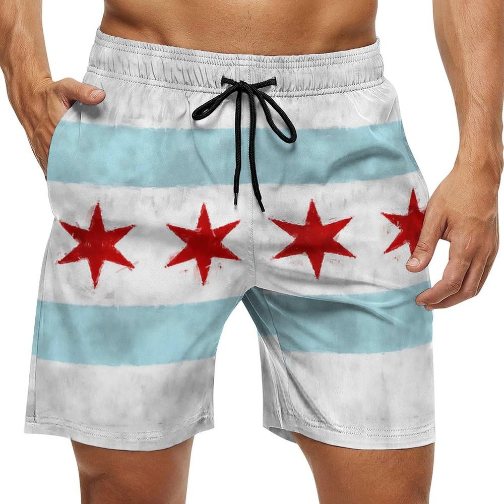 Zakqeik Chicago-City Flag Mens Swim Trunks Quick Dry Swim Shorts with Pockets Funny Beach Shorts XL