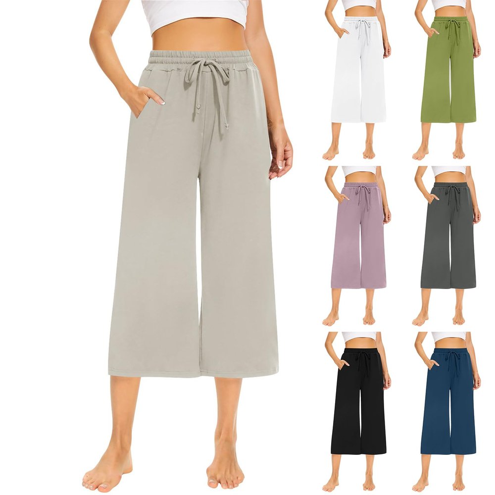 midelxp Summer Capri Pants for Women Loose Fit Drawstring Cropped Sweatpants Comfy Workout Yoga Pants with Pockets Baggy Hiking Pants Capri Sweatpants Casual Travel Pants Women Wide Leg Pants