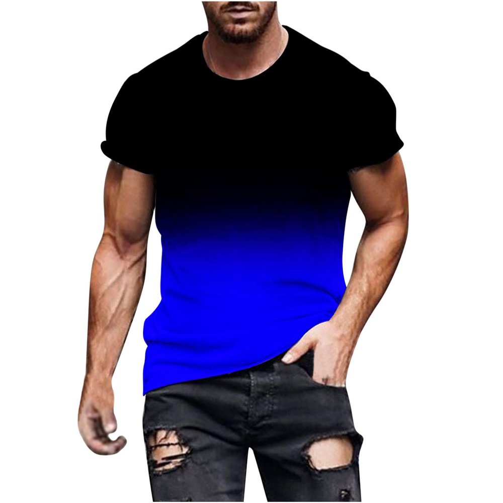 Men's T-Shirt Short Sleeve Performance Top Workout Muscle Fit Ombre Tee Quick Dry Athletic Gradient Active Shirts Blue