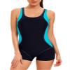 Nikiikoo Women's Boyleg One Piece Swimsuits Racerback Short Unitard Athletic Bathing Suit Sporty Swimwear B#Blue03 3X-Large view 1