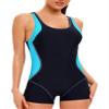 Nikiikoo Women's Boyleg One Piece Swimsuits Racerback Short Unitard Athletic Bathing Suit Sporty Swimwear B#Blue03 3X-Large view 2
