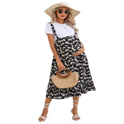 KOJOOIN Maternity Maxi Skirt Womens High Waisted Boho Summer Casual Flowy Ruffle Suspender Long Pregnancy Skirt Overall Dress Suspender-BlackFloral 2XL