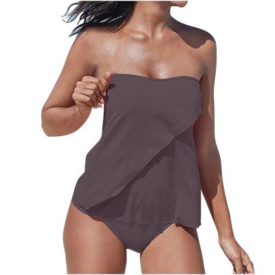 Akklian Women Two Piece Tankini Bathing Suit Bandeau Swim Top with Bottom Strapless Swimwear Tummy Control Swimsuit for Women Coffee