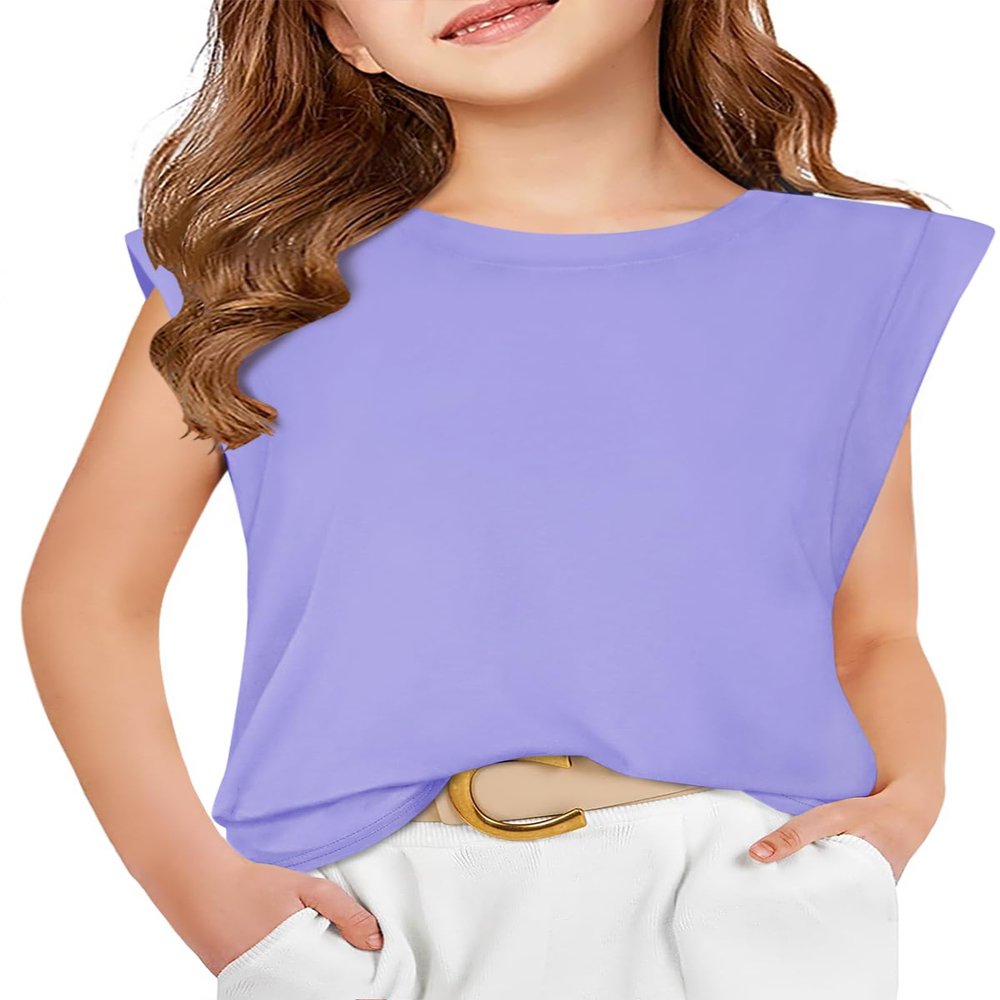 Haloumoning Girls Cap Sleeve Tops Summer Crewneck Tank Tops Cute T-Shirt Blouse 5-14 Years Purple