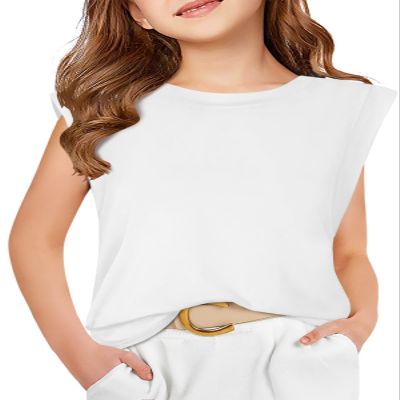 Haloumoning Girls Cap Sleeve Tops Summer Crewneck Tank Tops Cute T-Shirt Blouse 5-14 Years White
