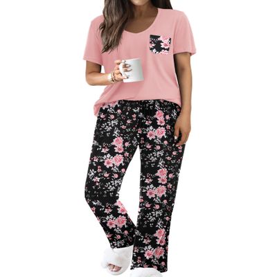 Ekouaer Pajama Sets for Women Short Sleeve Pj Set V Neck Sleepwear Chest Pocket with Long Pants Casual Loose Loungewear Pink-black flower S