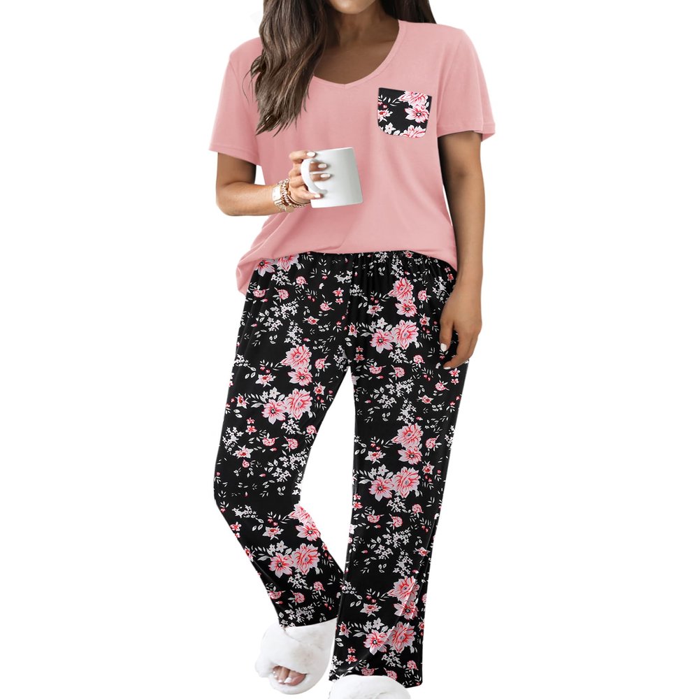 Ekouaer Pajama Sets for Women Short Sleeve Pj Set V Neck Sleepwear Chest Pocket with Long Pants Casual Loose Loungewear Pink-black flower S